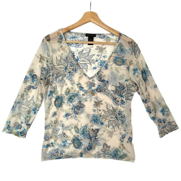 Y2K Vintage The Limited Sheer Cream w/  Filigree Floral Print V Neck Top Size L - Picture 1 of 6